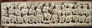 Havarilerle çevrili İsa oturmuş ve öğretiyor, MS 4. yüzyılın sonunda Rignieux-le-Franc kilisesinden alınan mermer hristiyan lahiti